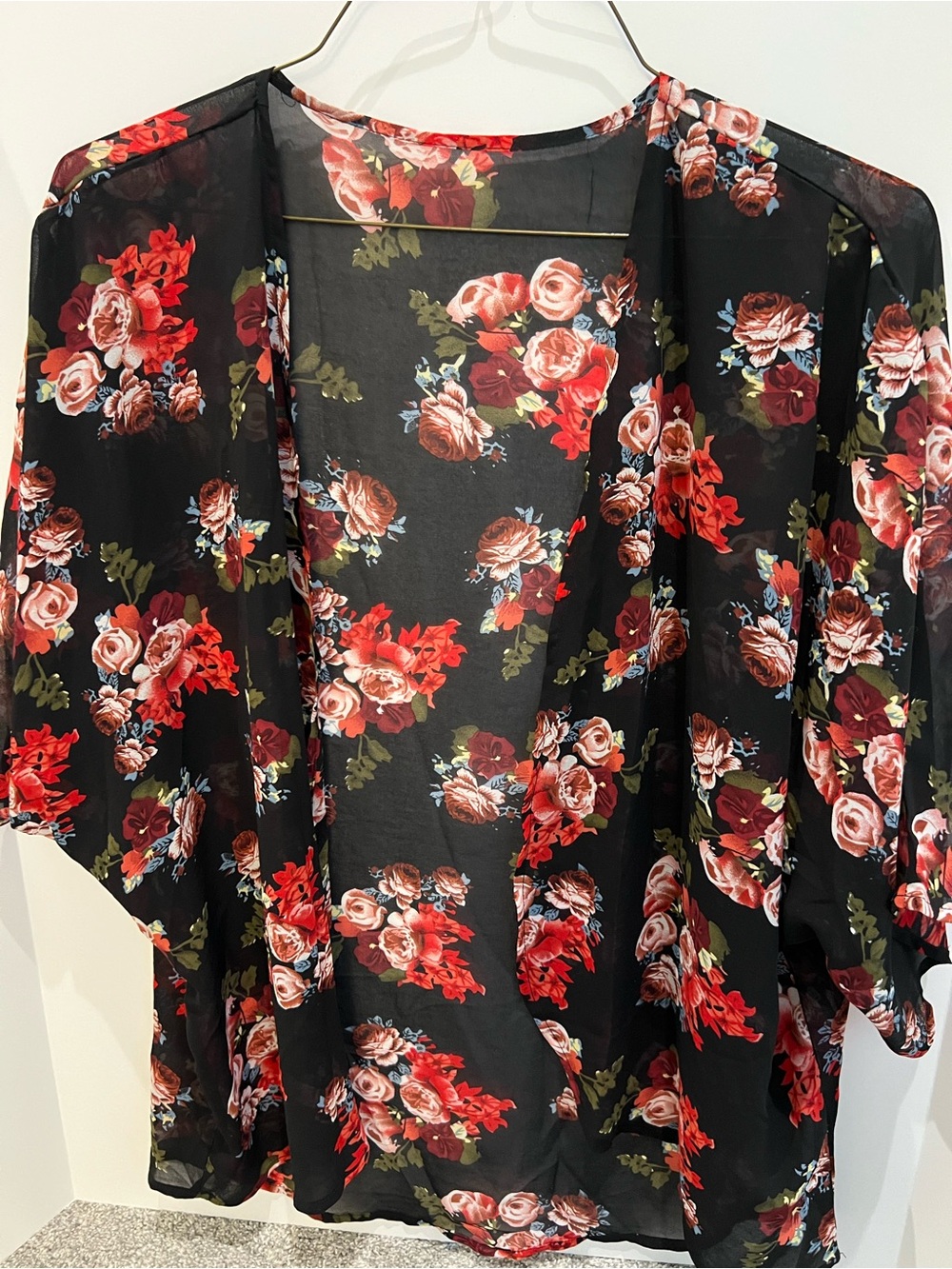 Sheer Black Floral Kimono - Red & Pink Roses
